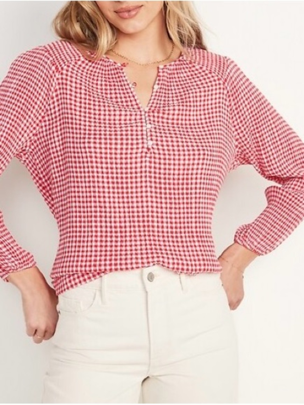 Old Navy Gingham Smocked Shoulder Poet Blouse